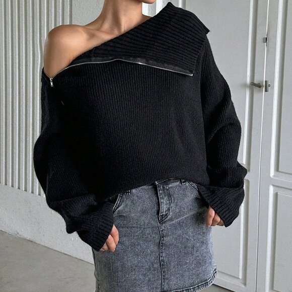 Black Casual Women's Loose High Collar Zip-Up Long Sleeve Street Knit Cardigan - Picture 3 of 7